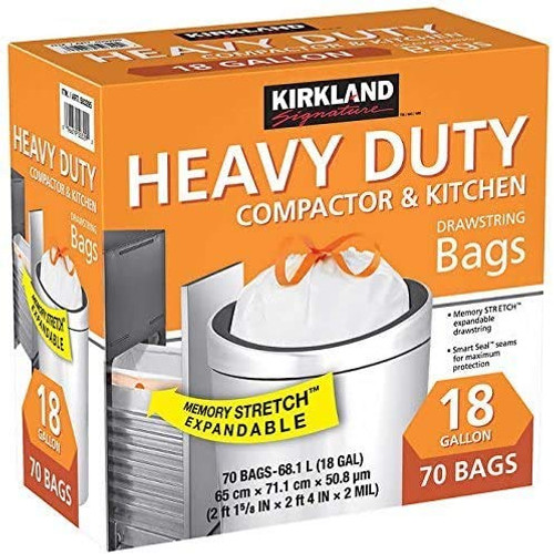 KIRKLAND SIGNATURE Compactor Kitchen Trash Bag with Gripping Drawstring Secure Full Size, New Edition KIRKLAND SIGNATURE Compactor Kitchen Trash Bag with Gripping Drawstring Secure Full Size, New Edition