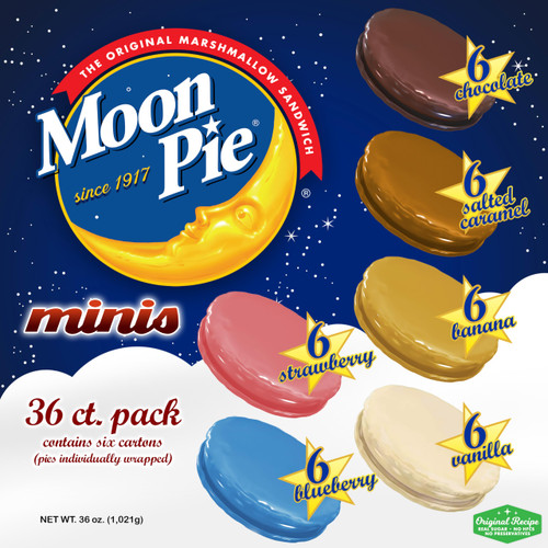 Moon Pie Minis 36 Pack. 6 Pies of Each: Original, Once in a Blue Moon Blueberry, Vanilla, Banana, Strawberry, Salted Caramel. 1oz. Snack Pies Individually Wrapped.
