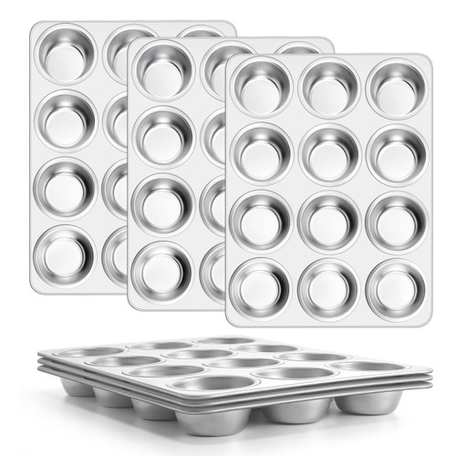 E-far Stainless Steel Muffin Pan Set of 6, 12 Cups Cupcake Pans Tins for Baking, Non-Toxic Metal Muffin Tray Molds for Small Mini Cupcake, Heavy Duty & Regular Size, Rust Free & Dishwasher Safe