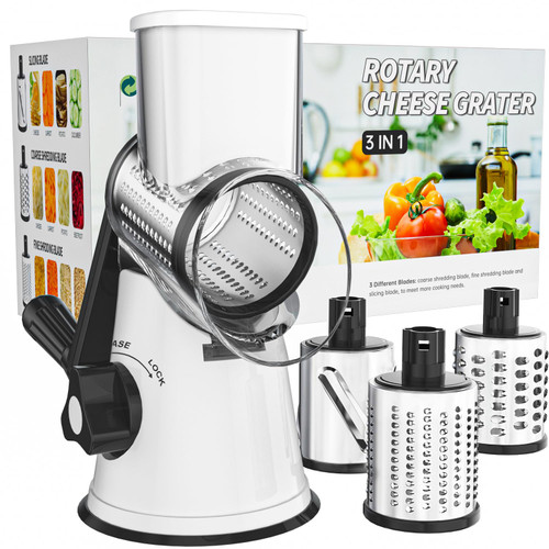Cambom Rotary Cheese Grater Hand Crank Cheese Shredder for Fresh Cheese, Vegetable, Nuts,Non-slip Suction Base, Free Cleaning Brush Three Blades, White and Black