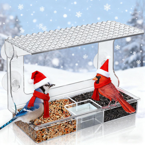 Gbekery Window Bird Feeder for Outdoors with Strong Suction Cups, Acrylic Clear Window Bird Feeders for Viewing with Large Capacity Detachable Seed & Water Tray