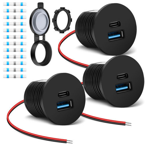 Filluck RV USB Outlet 12V/24V Quick Charger, Dual PD3.0 & QC3.0 Fast Charger Type A Type C Ports, Recessed Mount 36W High-speed Charging Socket for RV Camper Van Trailer Boat Golf Cart, 3Pcs