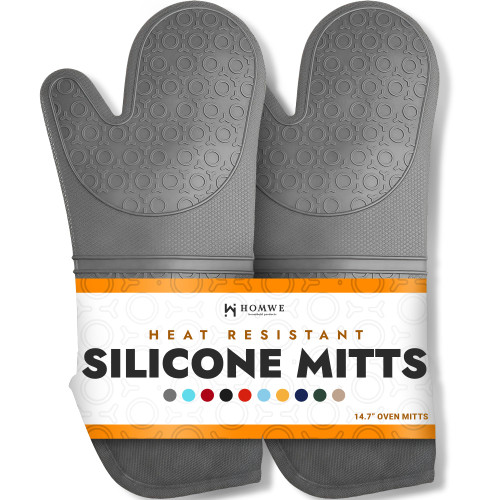 BPA-Free Soft Silicone Oven Mitts - Ultra Heat Resistant Oven Mitts with Thick Cotton Liner - Extra Long Slip Resistant Pot Holders, Flexible Oven Gloves - Gray 14.7"