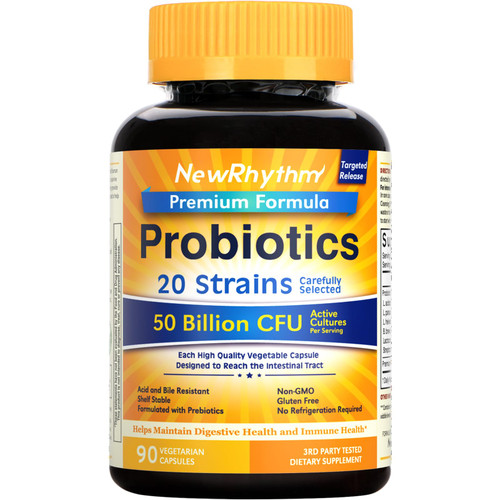 NewRhythm Probiotics 50 Billion CFU 20 Strains, 90 Veggie Capsules, Targeted Release Technology, Stomach Acid Resistant, No Need for Refrigeration, Non-GMO, Gluten Free
