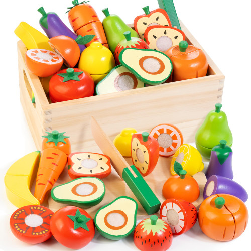 Wooden Play Food for Toddlers, Fruit and Veggies Cutting Set for Kids, Pretend Food Play Kitchen Accessories for 3 4 5 6 7 Years Old Boys & Girls