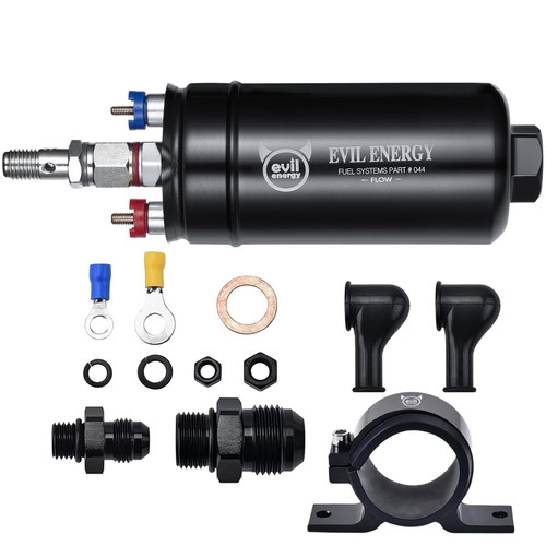 EVIL ENERGY External Inline Fuel Pump Electric 300LPH High Flow 12V with 60 mm Bracket Clamp Black