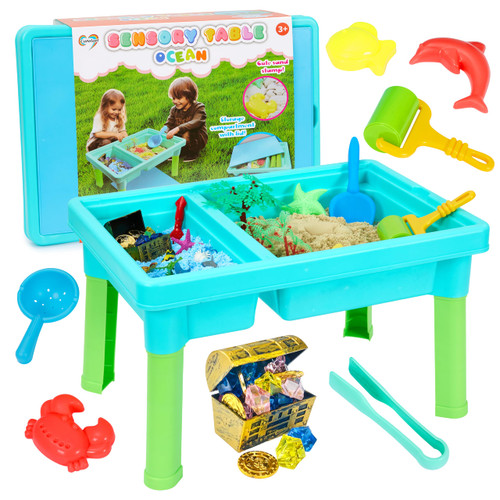 Carolart Ocean Sensory Table with Sands, Bin with Lid, Indoor Outdoor Use, Sand Art Kit for Boys and Girls, Toys for Toddlers Age 3-5, 17x11.5x10.2 Inches