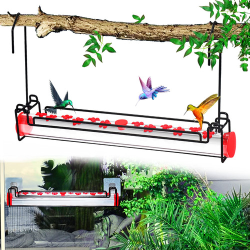 Hummingbird Feeder for Outdoors Hanging, Hanging & Window Two-Mode Horizontal Hummingbird Feeder Tube, with Perch for Standing and Drinking, 12 Feeding Ports, Leak & Bee Proof, Easy to Clean & Fill