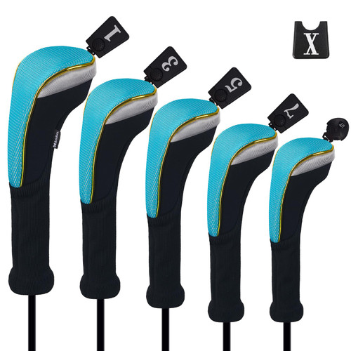 Andux 5Pcs/Set Gold Golf 460cc Driver Fairway Woods Hybrids Club Head Covers MT/ZH15 Light Blue