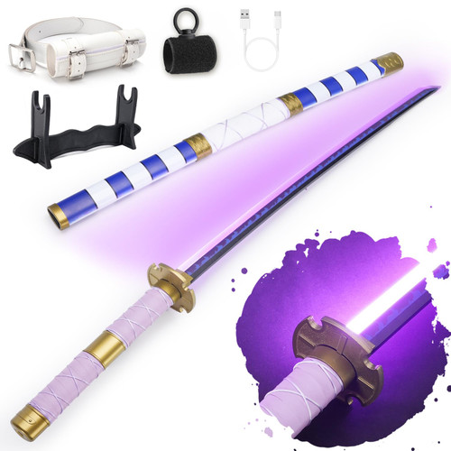 RENGENG Light Up Sword, 40 Inches Rechargeable Pre-Assembled Plastic Replica Anime Sword with Belt & Stand & Spinner