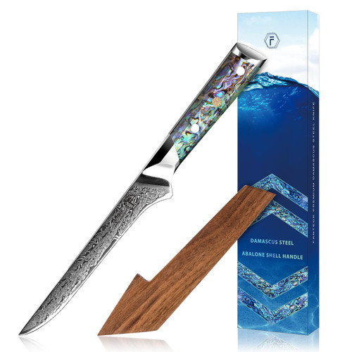 Fanteck 6" Boning Fillet Knife,Damascus Japanese Pro Vg10 67 Layer Sharp Curved Flexible Blade Kitchen Deboning Knives for Fish Poultry Chicken Meat Cutting-Full Tang Abalone Shell Handle&Wooden Cover