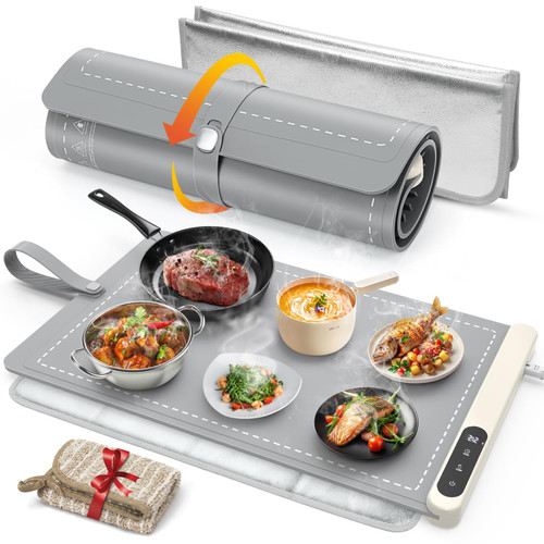 FYY Warming Mat for Food with Heat Resistant Pad, Prevent Countertop Cracks, Keep Meal Warm, Rapid and Full Surface Heating, 6 Temp Settings, 6H Timer, Upgraded Rollable Portable Food Warmer Mat Grey