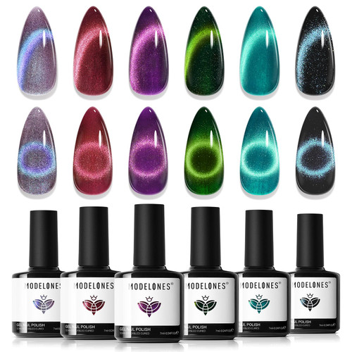 modelones Cat Eye Gel Nail Polish, 6 Colors Christmas Glitter Red Green Purple Blue Gel Polish Set with Magnet Sparkle Galaxy Series Nail Gel Polish Kit Soak Off Led Nail Art Manicure Salon DIY Gifts