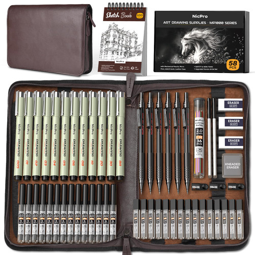 Nicpro 58PCS Art Drawing Supplies Kit in Leather Case, MP1000 Black Metal Mechanical Pencil Set with Drafting Pencil 0.5, 0.7, 0.9 & 2mm, 12 Micron Pen, Sketch Book, 30 Tube Lead Refills for Sketching