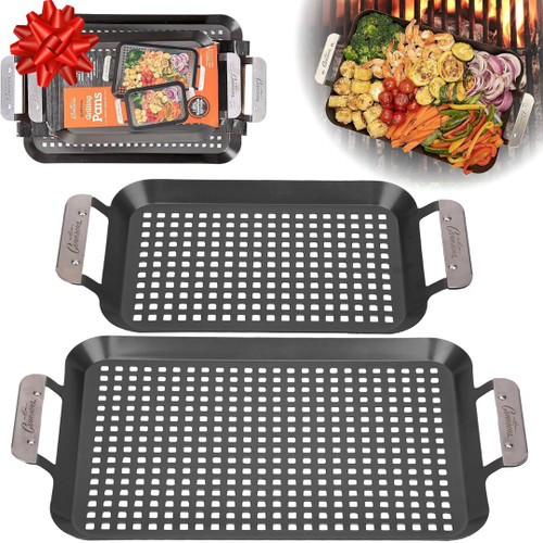 BBQ Grill Topper Grilling Pans (2 Pack)- Non-Stick Barbecue Trays w Stainless Steel Handles- Indoor Outdoor use for Meat, Vegetables & Seafood- Great for Thanksgiving Turkey Dinner & Holiday Xmas Gift