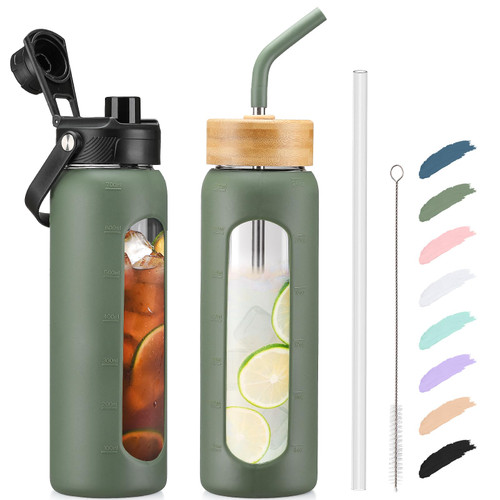 Kodrine 24oz Glass Water Bottle with Straw and 2 Lids-Bamboo Straw and Spout Lid with Carry Handle, Borosilicate Glass Drinking Bottle with Silicone Sleeve and Time Marker For Sports Travel, Olive