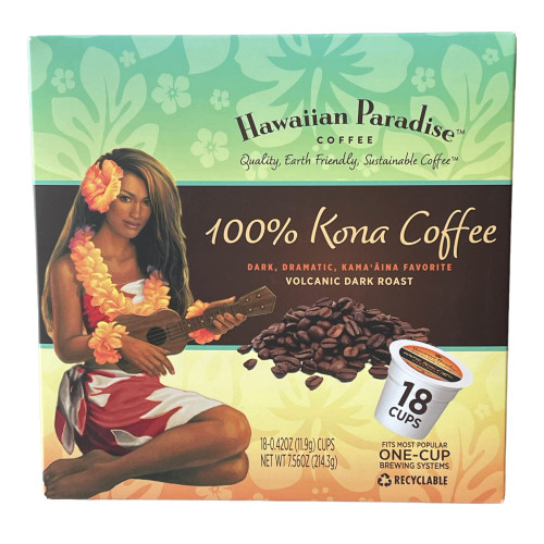 Hawaiian Paradise Coffee 100% Kona Coffee Single Serve Cups- 18 Count- Volcanic Dark Roast, Made in Hawaii - Compatible with Keurig