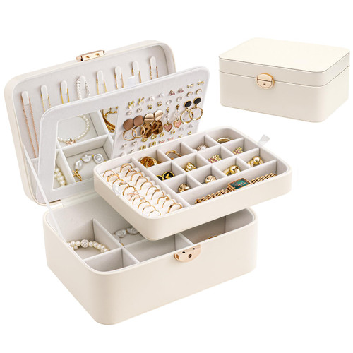 Lolalet 2 Layer Jewelry Box with Lock and Key for Teen Girls & Young Women, Jewelry Organizer Case with Round Clasp and Mirror for Earrings Rings Necklaces Storage, Gift Idea -Cloud White