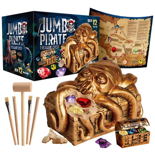 Jumbo Pirate Dig Kit - Dig up 12 Pirate Treasures, Gemstones, Gold Coins - Pirate Toys for Kids - Great Birthday Party Supplies, Gifts Idea for Boys & Girls - Includes Treasure Chest
