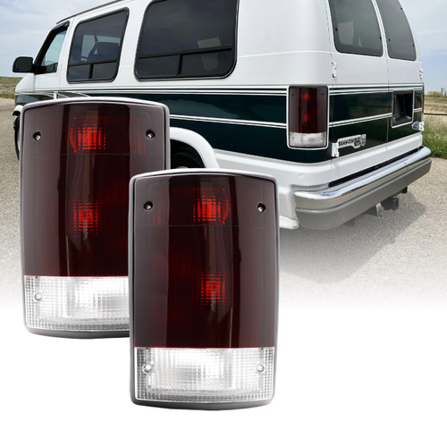 92-14 Econoline Van Tail Light – Replacement Tail Lamps Set (Left + Right) Compatible with 1992-2014 Ford Econoline Van E-150 / E-250 / E-350 & 2000-2005 Ford Excursion (Dark Cherry Red Lens)