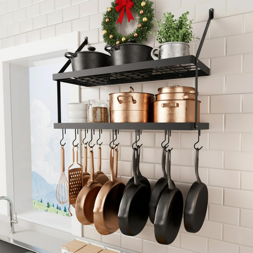 KES 30-Inch Pot Rack Wall Mounted, Pots and Pans Hanging 2 Tier for Kitchen Hanging Pan Rack Organizer with 12 Hooks Heavy Duty Matte Black, KUR218S75B-BK