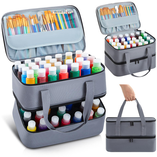 Abbylike Acrylic Paint Organizer Case for up to 56 Bottles (2 Oz) Double Layer Art Supply Storage Bag Alcohol Ink Storage Paint Carry Case with Foam Insert and Inner Pocket(Gray)