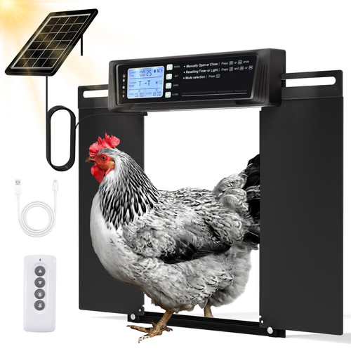 Automatic Chicken Coop Door Solar Powered, Extra Large Horizontal Opening Auto Chicken Door with Timer & Light Sensor, Remote & Manual Control, USB Backup, Anti-pinch, Aluminum Weather-proof Coop Door
