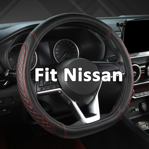 West Llama Flat Bottom Car Steering Wheel Cover for Nissan,D Shaped Steering Wheel Cover for Rogue,Altima,Kicks (Diamond Quilted-Black+Red-Standard Size)