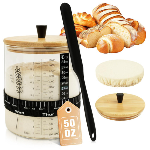 50oz Sourdough Starter Jar, Wide Mouth Sourdough Jar, Large Capacity Sourdough Bread Starter Kit with Lid, Band, Date Tracker, Temp, Sourdough Starter Kit for Sour Dough (1 Pack)
