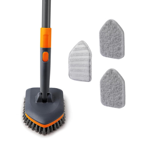 CLEANHOME Tile Tub Scrubber Brush with 3 Different Function Cleaning Heads and 56" Extendable Long Handle-No Scratch Shower Scrubber for Cleaning Bathroom Kitchen Toilet Wall,Bathtub,Sink,Grey