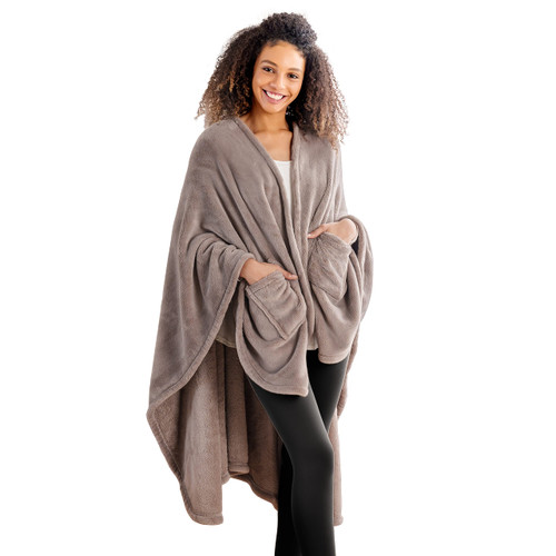 Berkshire Blanket Primalush™ Wearable Blanket, Cozy Loungewear Pocketed Plush Cape Wrap for Adults & Teens(Brown, One Size 58"X64")