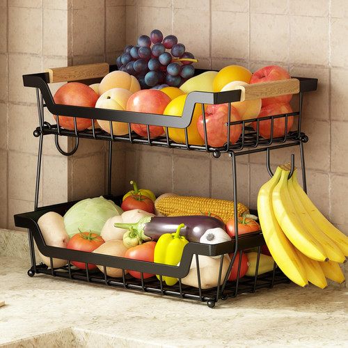GILLAS 2 Tier Countertop Fruit Basket with 2 Banana Hangers for Kitchen, Detachable Metal Organizer for Bread Vegetable Fruits with Wooden Handle, Large Capacity Rectangular Storage Stand Bowls, Black GILLAS 2 Tier Countertop Fruit Basket with 2 Banana Hangers for Kitchen, Detachable Metal Organizer for Bread Vegetable Fruits with Wooden Handle, Large Capacity Rectangular Storage Stand Bowls, Black