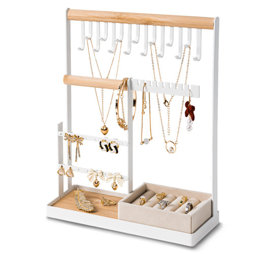 DreamGenius Jewelry Organizer Stand with Velvet Ring Holder, 4 Tier Jewelry Holder Organizer with 15 Hooks for Necklaces and 16 Holes for Earrings, White