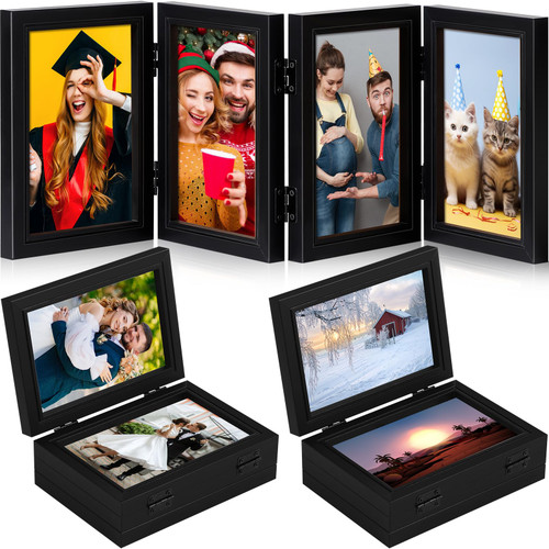 Sintuff 2 Pack 4 Folding Christmas Picture Frame Collage 4×6 Inch for Photo Frame Hinged Collage Natural Wood Photo with High Definition Acrylic Rustic Desktop Gifts(Black)