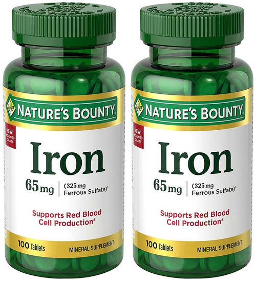 Iron 65 mg (325 mg Ferrous Sulfate), 2 Bottles (100 Count)