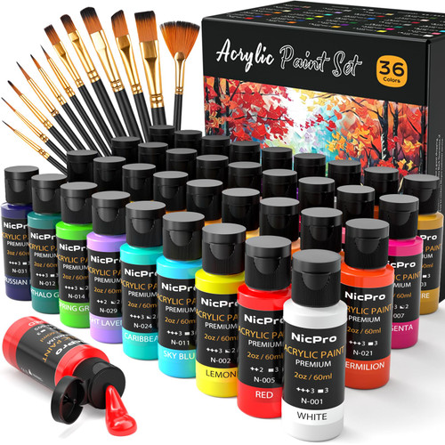 Nicpro 36 Colors Acrylic Paint Set with 12 Brushes & Palette, Non Toxic Art Supplies Kit for Fabric Painting, Canvas, Clay, Wood, Rock & Ceramic, Rich Pigments for Adults, Beginners, Professional Artist (2 oz, 60 ml)