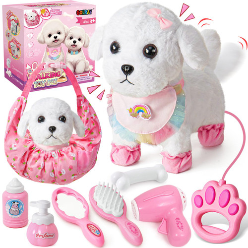 Golray Remote Control Toy Dog with Leash for Kids Girls, Electronic Interactive Plush Puppy Can Walk Bark, Stuffed Animal Dog Pet Care Pretend Play Set Gifts for Girl Kid Toddler 3 4 5 6 7 8 Years Old
