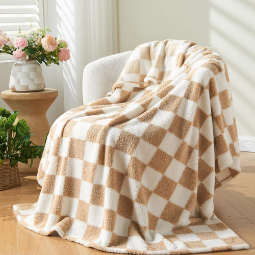 NEWCOSPLAY Knitted Brown White Checkered Blanket Super Soft Plush Throw for Couch Fuzzy Fluffy Microfiber Lightweight Blanket for Bed Sofa All Season Use (Brown White, Throw(50"x60"))