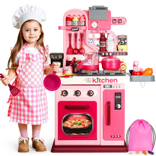 DRAMATION Kids Kitchen Playset, 27.1 Inches Play Kitchen with Sound and Light, Kitchen Set for Toddlers 1-3 3-5, Cooking Stove, Play Sink and Kitchen Accessories, Toy Kitchen (Pink)