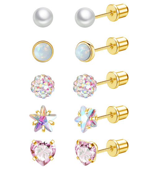 Staligue 5 Pairs Titanium Earrings for Women 20G Hypoallergenic Screw Back Stud Earrings for Sensitive Skin Cubic Zircon Heart Star Pearl Screw Back Nap Earrings Set（Golden）