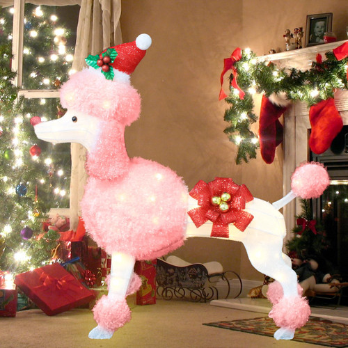 DROFELY 35" Christmas Poodle Dog Decoration with Lights,3D Pink Dog Lighted-up Outdoor Indoor Christmas Decoration,Cute Hairy Puppy with Red Christmas Hat Indoor Porch Outdoor Yard Holiday Decor