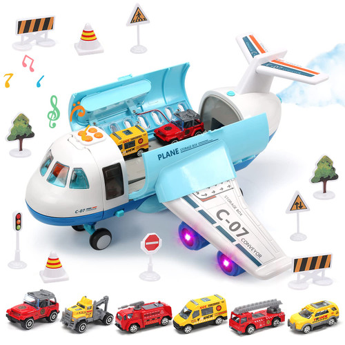 CUTE STONE Toy Airplane with Smoke, Lights & Sounds, Friction Powered Plane Toy with Mini Cars for Kids, Great Christ Gift for Boys and Girls