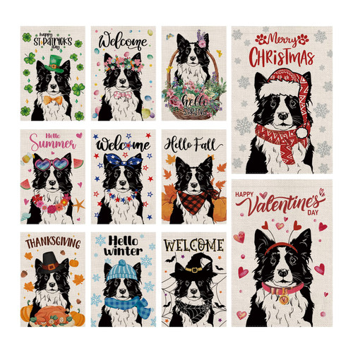 Seasonal Garden Flags Border Collie Double Sided Flags Set of 11 Holiday Farmhouse Indoor Outdoor Yard Lawn Christmas Gifts Decorations 12.5x18 Inch