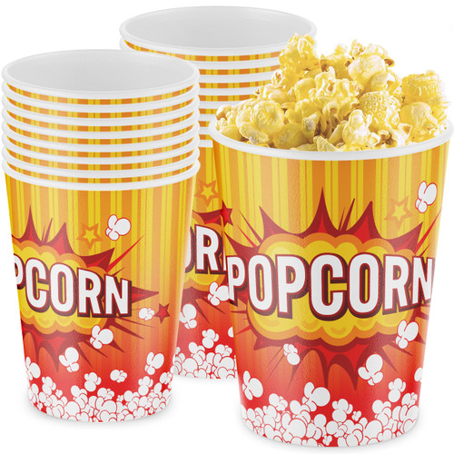 Leakproof, Super Durable 32oz Disposable Popcorn Bucket Tubs 50 Pack. Grease-Proof Pop Corn Containers with Cool Design – Ultimate Movie Theater Accessory for Parties & Events