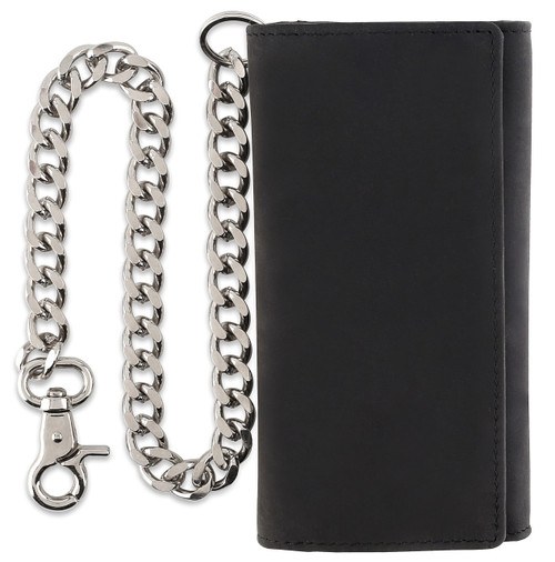 F&L CLASSIC RFID Blocking Mens Tri-fold Long Style Cowhide Leather Steel Chain Wallet,buffalo premium black leather,212-60