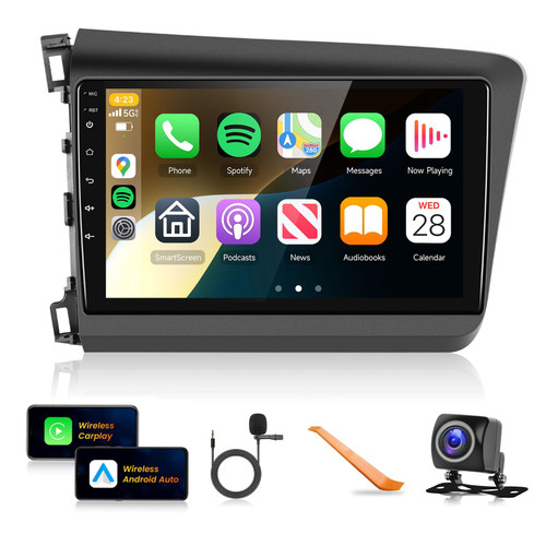 Car Radio Stereo for Honda Civic 2012 2013 2014 2015 with Wireless Carplay Android Auto 9" 1080P HD IPS Touch Screen Bluetooth GPS WiFi HiFi Audio 16EQ DAB 2 USB SWC Backup Camera Support OBD2/DVR