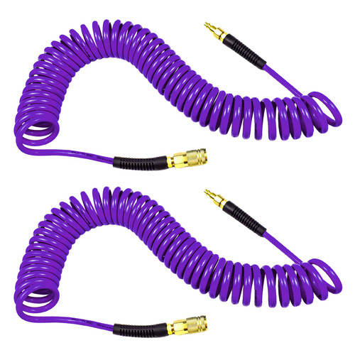 YOTOO Polyurethane Recoil Air Hose 1/4" Inner Diameter by 25' Long with Bend Restrictor, 1/4" Industrial Quick Coupler and Plug, Purple. 2-Pack
