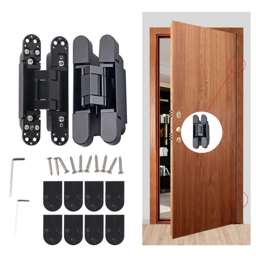 Mengshi 6" Hidden Door Hinges for Secret Door Heavy Duty Invisible Concealed Hinges Zinc Alloy 180 Degree Swing Hinge 3 Way Adjustable Butt Hinge 2 Packs - Black