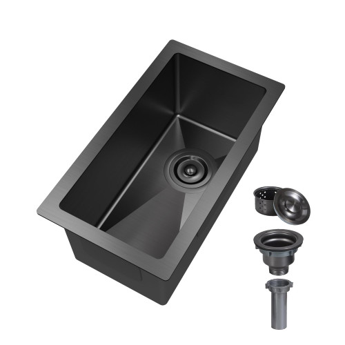 10 inch Bar Sink Undermount, 10x18 inch Small Bar Sink Gunmetal Black Undermount 18 Gauge Single Bowl Wet Bar Sinks with Basket Strainer Drain