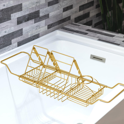 WOODBRIDGE Stainless Steel Extendable Bathtub Caddy Tray in Brushed Gold Finish with Removable Wine Holder, Book and Phone Rack, Bathcad-BG WOODBRIDGE Stainless Steel Extendable Bathtub Caddy Tray in Brushed Gold Finish with Removable Wine Holder, Book and Phone Rack, Bathcad-BG